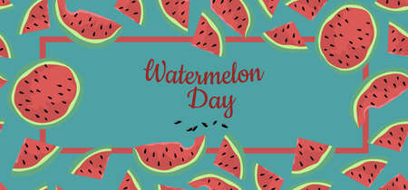 National watermelon day. Banner with sliced, half and quarter of watermelons. Cartoon style. Watermelon day. Rectangle template. Vector isolated illustration ...のイラスト素材