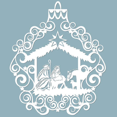 Birth of Christ. Baby Jesus in the manger. Holy Family. Star of Bethlehem - east comet. Merry Christmas card. Template for laser cutting and Plotter. Vector illustration. Sticker plotter and screen printing ...のイラスト素材