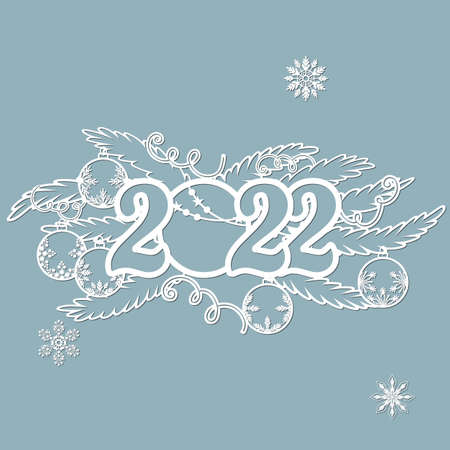 Pattern, branch with toys and the number 2022. Christmas invitation with a Christmas toy. Vector. Cliche. Merry Christmas. For laser cutting, plotter and silkscreen printing ...のイラスト素材