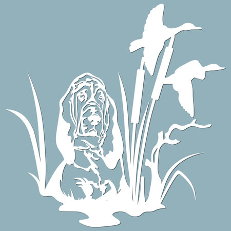 vector illustration. A dog on a duck hunt. wildlife. Vector isolated illustration for laser cutting. Tattoo.のイラスト素材