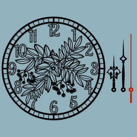 A beautiful clock with a beautiful illustration, laser-cut mountain ash leaves and berries. Vector silhouette, stencil, laser cutting...のイラスト素材