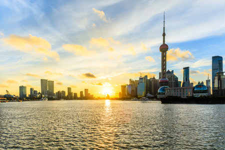 Sunrise scenery view of Shanghai skyline and Huangpu river