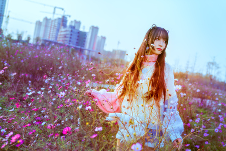 A girl among the flowers in a suburb of the cityの写真素材