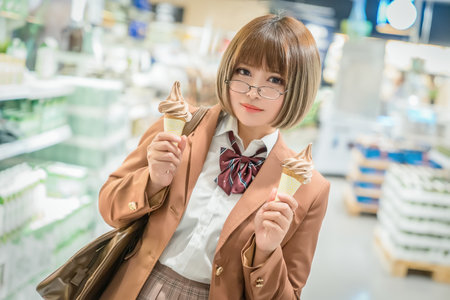 There is a girl holding ice cream in the roomの写真素材