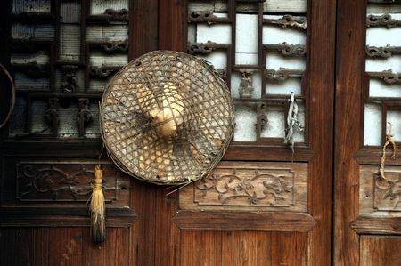 door and bamboo hat                             の写真素材