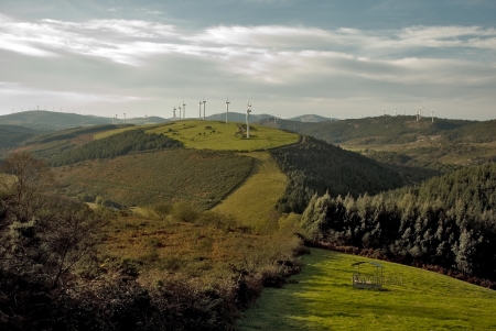 Rural landscape with windmills in northern Spainの写真素材