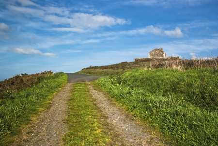 dirt road in the grass and blue skyの写真素材