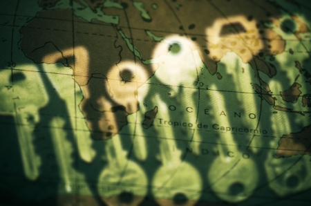 keys on the world map, abstract compositionの写真素材