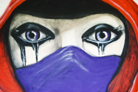 drawing crying middle eastern woman in purple scarf.のeditorial素材