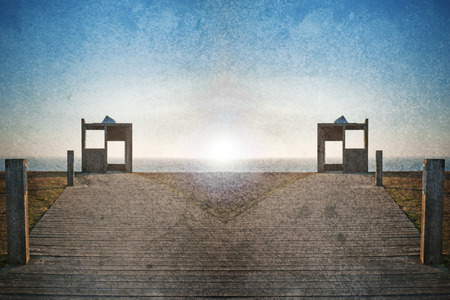 wooden structures on the coastの写真素材