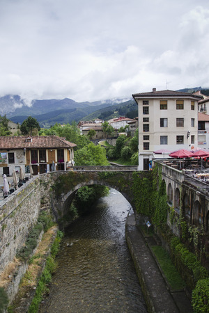 View of the main bridge of Potes in Cantabriaのeditorial素材