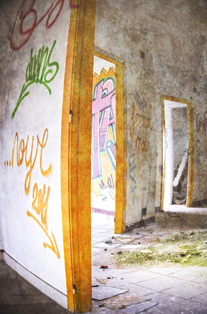 painted walls and doors in the background.の写真素材