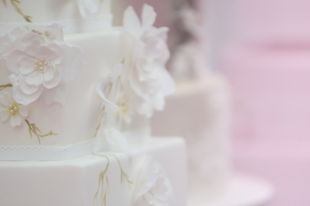 A white wedding cake with pink rose petals.の写真素材