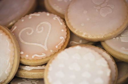 closeup of  decorated round cookiesの写真素材