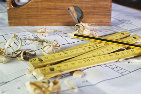 Old meter of carpenter on the planes of the shipの写真素材