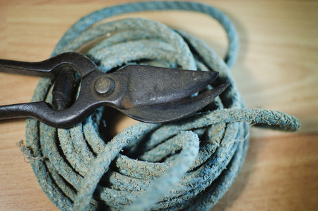 Old and rusty garden scissors on  wood backgroundの写真素材