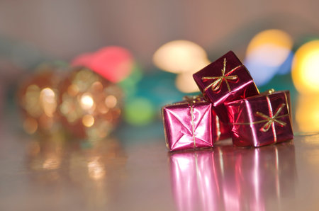 christmas balls and pink gift boxesの写真素材