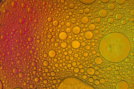 Oil drops in water on a coloured backgroundの写真素材