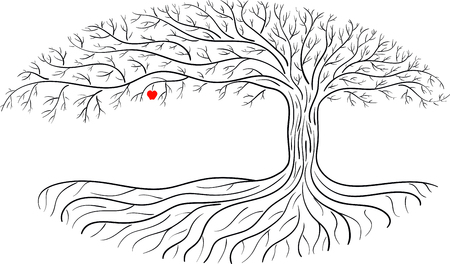 Druidic apple tree, oval silhouette, black and white tree logo with one red apple.のイラスト素材