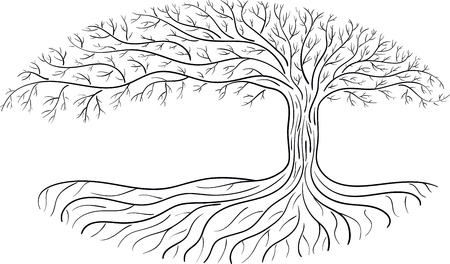Druidic Yggdrasil tree, oval silhouette, black and white logo.のイラスト素材