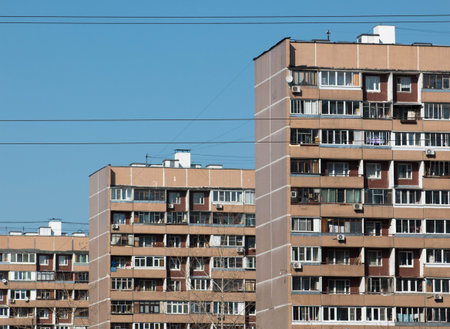 MOSCOW, RUSSIA - 2016: Porechnaya street, Batayskiy proezd, near metro Bratislavskaya. Maryno district. Typical Moscow living quarters apartments windows. Sunny day, River side.のeditorial素材