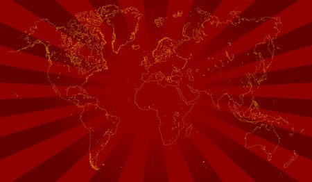 Vector world map. Yellow contour, deep red background. Outline graphic freehand drawing. Abstract illustration of Asia, Europe, north and south america, Australia and africa. Soviet union color styleのイラスト素材