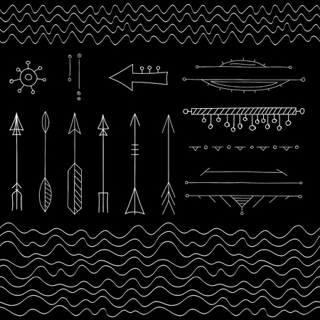 Hipster style big set of vector design elements. Contains two types of seamless graphic wave borders, hand-drawn frames and abstract borders, and different arrows and drops. White elements, black backgroundのイラスト素材