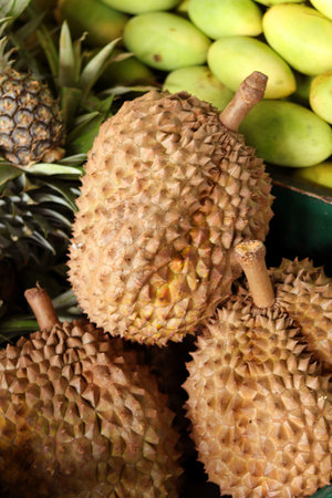 Close up of durian fruit in the market, Thailand.