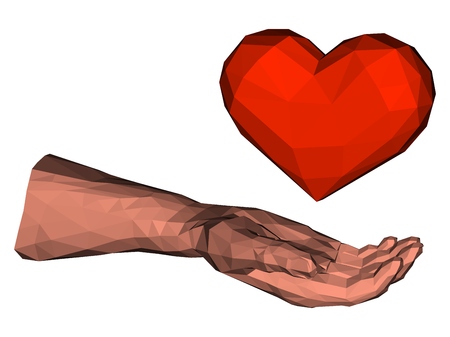Low poly triangle heart in polygonal hand to express love emotion on valentines dayのイラスト素材