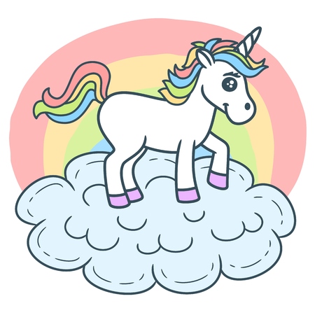 Beautiful unicorn on the cloud with rainbow mane and tail and cute eyesのイラスト素材