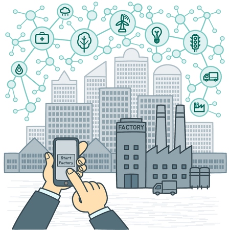 Starting a smart factory, smartphone online control by AI and neuronet in futureのイラスト素材