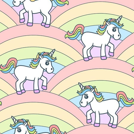 Seamless funny pattern with cute fantasy unicorns on rainbowsのイラスト素材