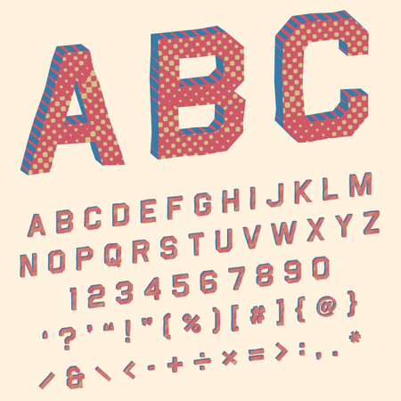 Alphabet in retro superhero comic book with angular 3d shapes in red, blue and yellow tonesのイラスト素材