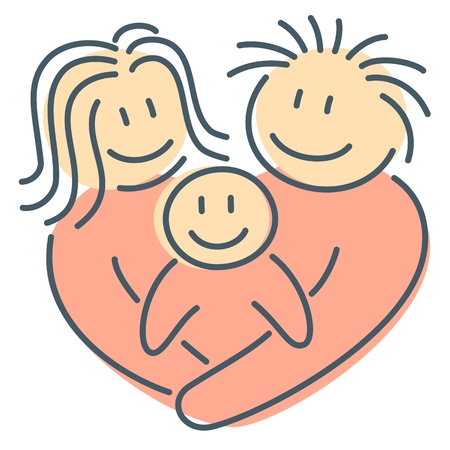 Heart shape family of parents and newborn son hug together as abstract concept of mother and father feelingsのイラスト素材