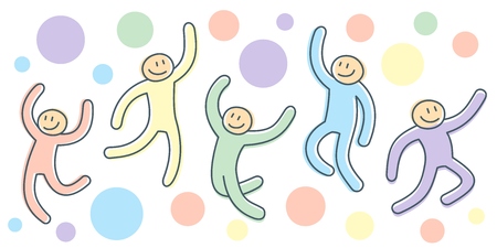Active movement of jumping people as illustration of cartoon poses of joyful stick charactersのイラスト素材