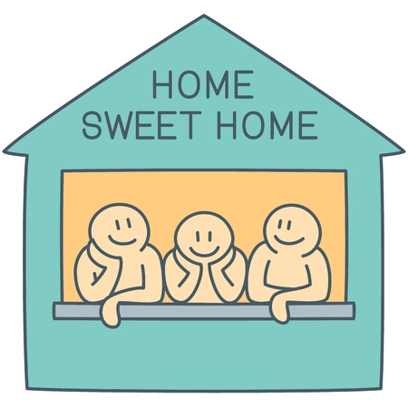 Three characters on the window of house in comfortable atmosphere as simple concept of sweet home - vector line art illustrationのイラスト素材