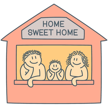 Father, mother and son on the window of house - line art cartoon as concept of happy family, vector graphics of couple and kidのイラスト素材