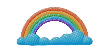 Isolated vector design of bright spring rainbow and cloud. Flat sky pop art of colorful spectrum of red, orange, blue, green, violet colors with environment concept in season idea or sign for web art.のイラスト素材