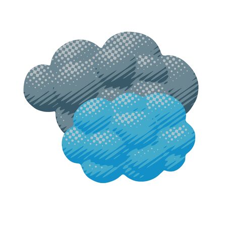 Isolated vector illustration of blue and gray color cloudy overcast day in spring or autumn. Flat forecast poster of fluffy clouds with halftone lines in nature object or sign for meteo art print.のイラスト素材