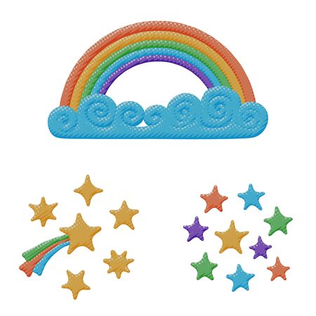 Isolated vector design of rainbow sky, curly cloud, comet and cute stars for kids. Flat sky pop art of shape colored in red, yellow, green with halftone lines in nature style or sign for graphic art.のイラスト素材