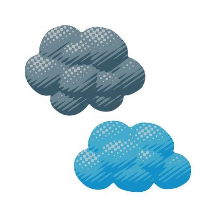 Comic vector design of gray and blue cumulus clouds in spring or summer. Flat weather pop art of cloud shape for heaven illustration with air bubble concept in season idea or symbol for art graphic.のイラスト素材
