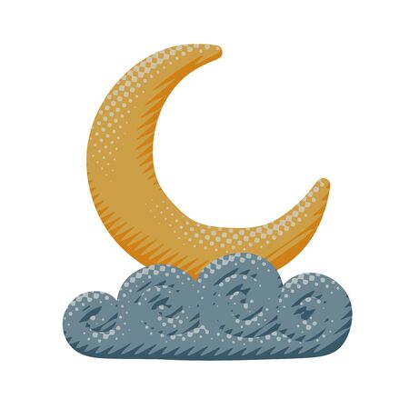 Isolated vector illustration of yellow moon sleep in curly cloud at night or evening bedtime. Cartoon weather poster of moonlight with environment pattern in paper cut element or graphic print icon.のイラスト素材