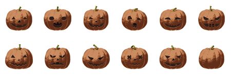 Pumpkin smile set for Halloween scary and spooky autumn vector illustration in heavy metal bronze style. Isolated element of metallic shiny food for holiday greeting card with horror art for poster.のイラスト素材