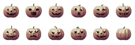 Pumpkin smile retro set for Halloween, cute and spooky October vector pop art illustration. Graphic design of flat grinning for holiday greeting card with horror sign for poster with parallel strips.のイラスト素材