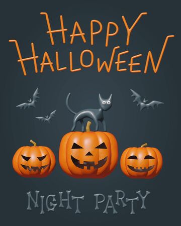 Happy Halloween - vector illustration for night party with black cat, spooky bats and fun orange pumpkins. Celebration poster with creative animal sculpture characters for trick or treat event design.のイラスト素材