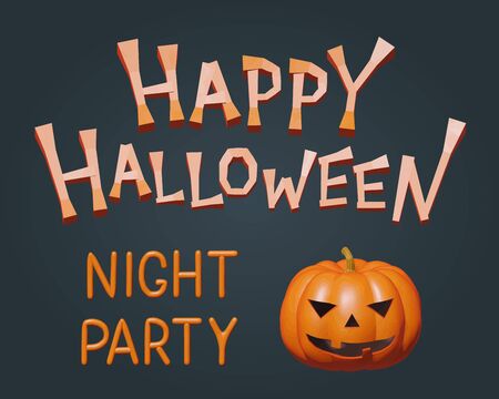 Vector Halloween illustration for happy night party with dark background and evil orange pumpkin, cute realistic smooth model. Greeting flyer with cutout pumpkin toy character for october banner.のイラスト素材