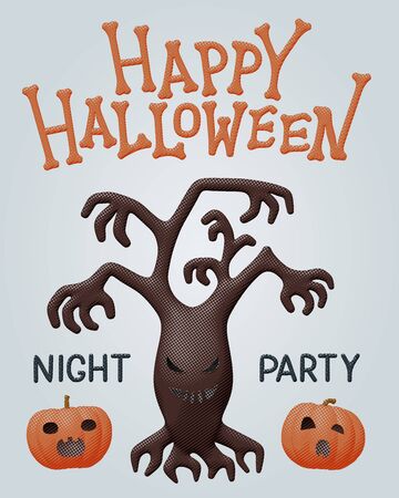 Halloween cartoon flat vector illustration of haunted brown tree for happy night party with dark evil plant, but funny and orange pumpkins. Celebration flyer with creative pattern for october design.のイラスト素材
