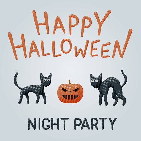 Halloween comic vector pop art for happy night party with dark creepy kitten, fun and cute orange pumpkin. Illustration of two dark cats. Celebration invitation with cutout character for autumn bannerのイラスト素材