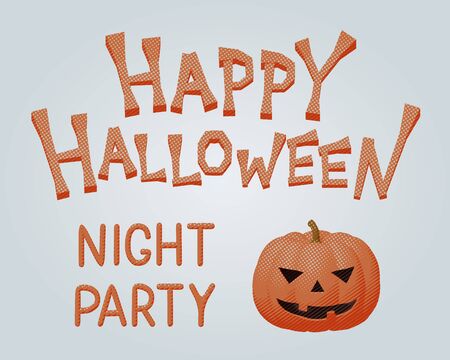 Halloween comic vector illustration of orange pumpkin with evil smile for happy night party. Greeting flyer for Halloween with cutout pattern for creative autumn design. Monster mascot for night partyのイラスト素材