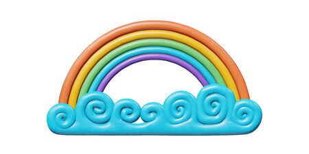 Sky vector illustration of graphic design for climate - colorful 3d rainbow in bright blue summer cloud. Realistic isolated model of happy and shiny spectrum. Creative object or icon of rainbow in airのイラスト素材
